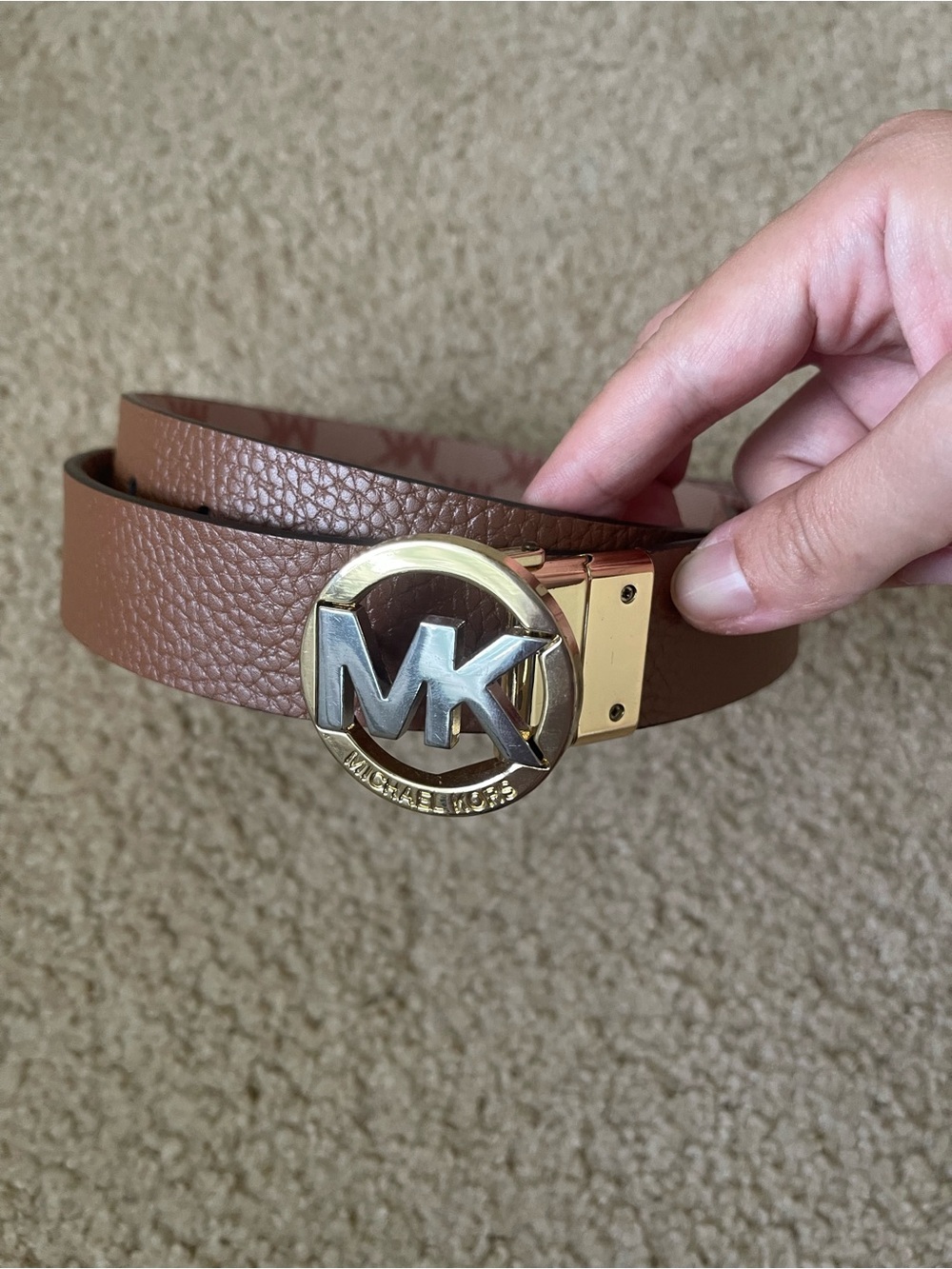 Michael Kors Brown Leather Belt with Two-Tone MK Buckle